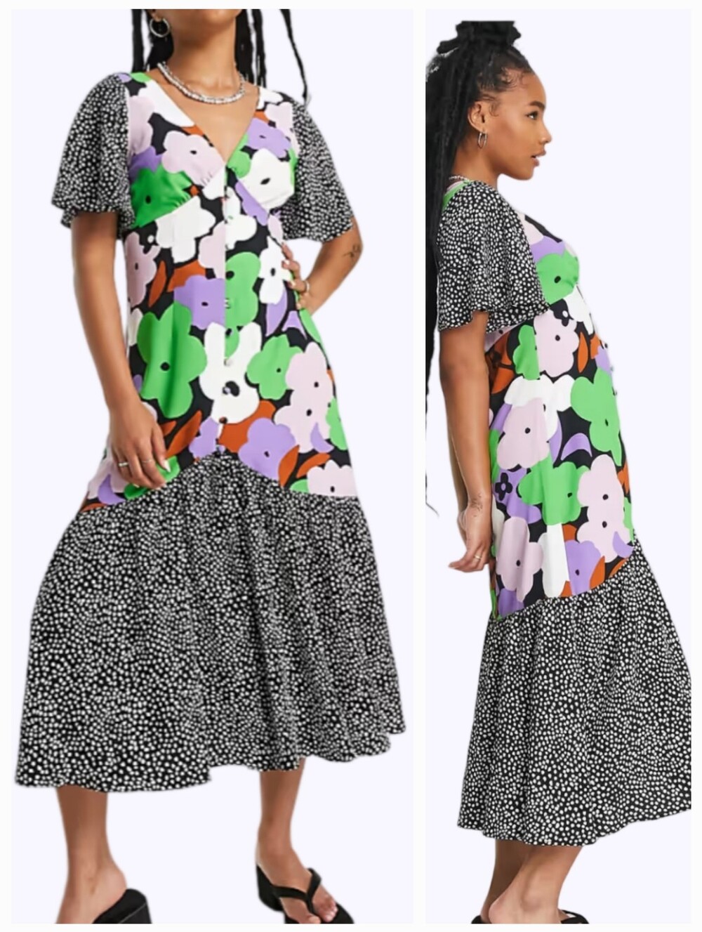Topshop Petite Mixed Floral Polka Dot Button Front‎ Midi Dress Multicolor US 0